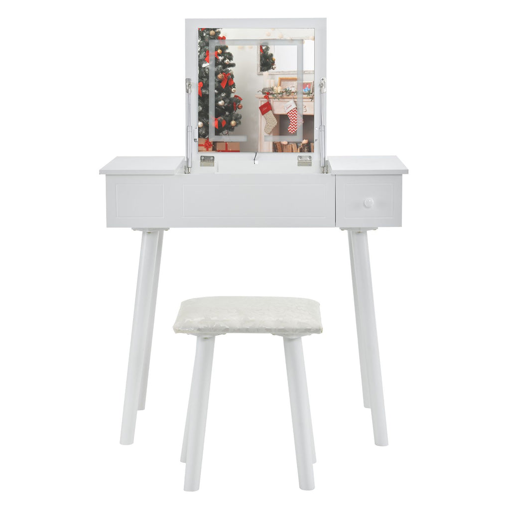 Vanity Table Set with LED Mirror, Flip Top Makeup Dressing Table Writing Desk with Cushioning Makeup Stool Set, 2 Drawers, White