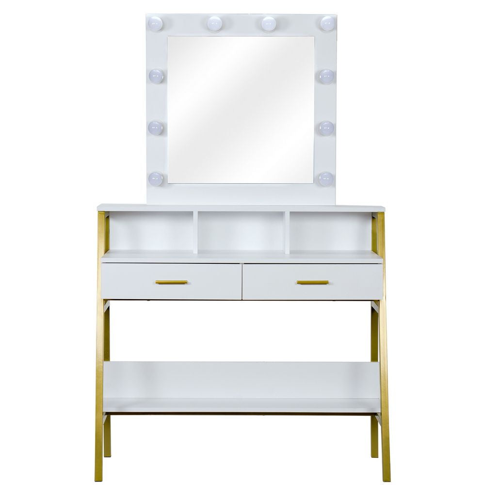 Vanity Table with LED Lights, Makeup Dressing Table with with 2 Storage Shelf for Bedroom Makeup Vanity Desk