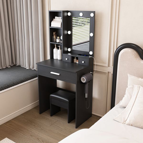 Vanity Table with Mirror & Adjustable LED Lights, Power Outlet, Hairdryer Holder & Stool – Compact Dressing Desk for Small Bedrooms(Black)
