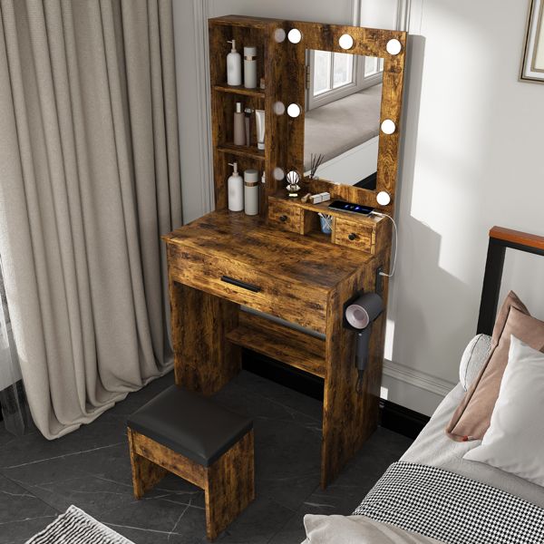 Vanity Table with Mirror & Adjustable LED Lights, Power Outlet, Hairdryer Holder & Stool – Compact Dressing Desk for Small Bedrooms(Vintage)