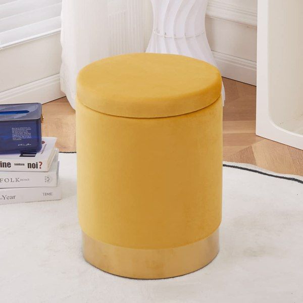 Velvet 23Qt Storage Ottoman Multipurpose Footrest Stool with Metal Base Modern Round Vanity Stool Chair Ottoman Foot Stools Support 300lbs Padded Seat for Living Room & Bedroom (Ginger)