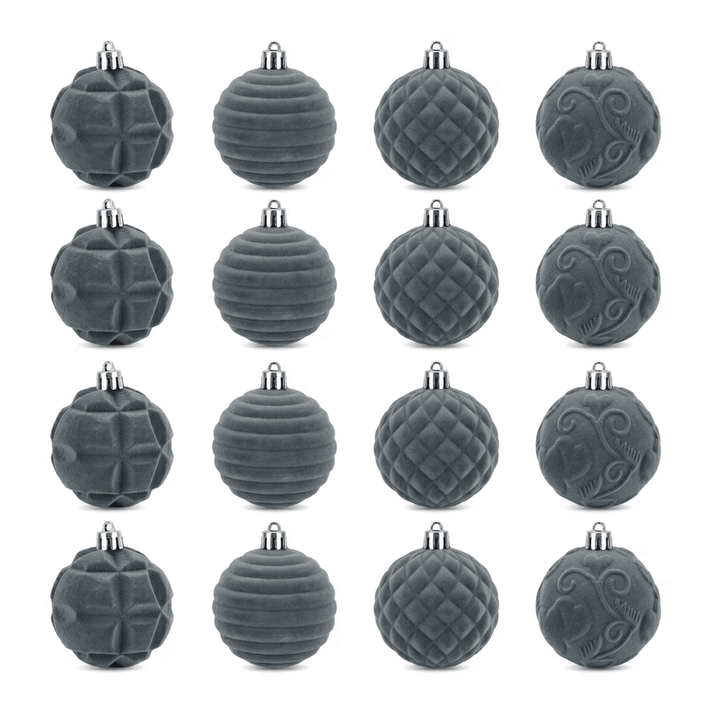 Velvet Christmas 12 Pack Flocked Sphere Orbs Luxury Ornaments Grey 2.4"