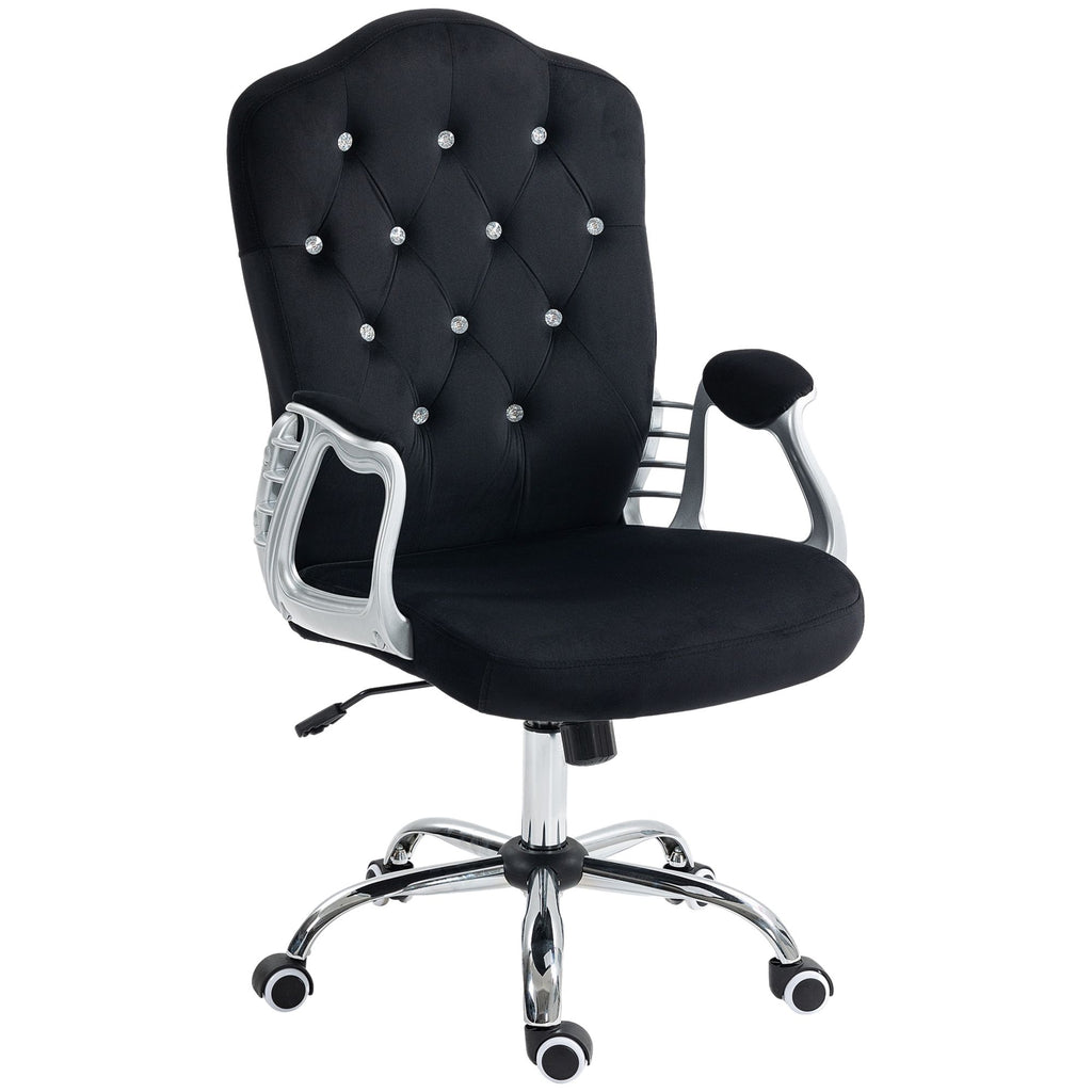 Velvet Computer Chair Button Tufted Desk Chair Swivel Wheels Adjustable Height Tilt Black