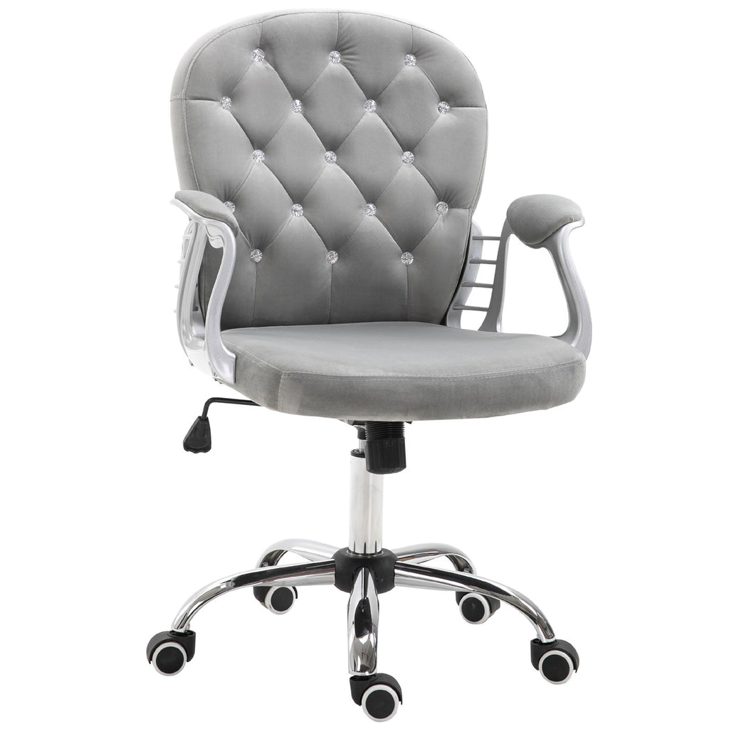 Velvet Office Chair, Button Tufted, Adjustable Swivel, Gray