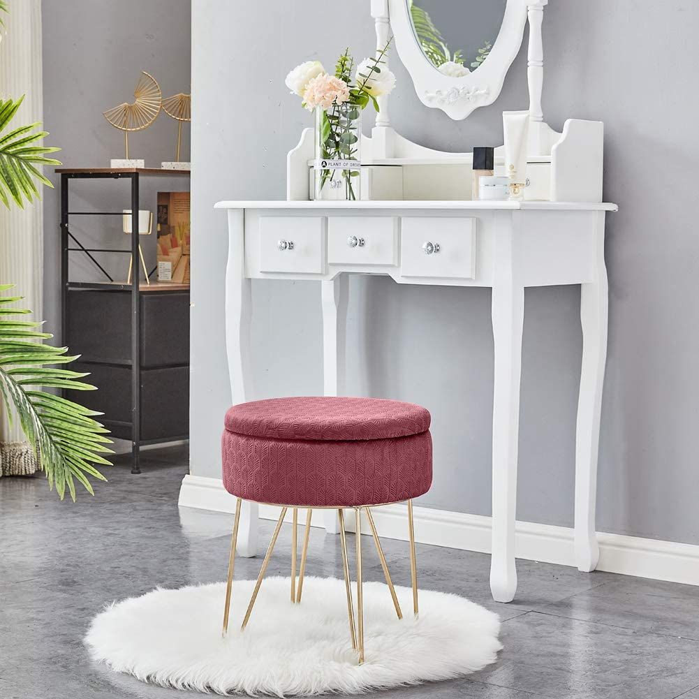 Velvet Round Footrest Stool Ottoman, Modern Upholstered Vanity Pouffe Stool Storage Function Side Table Seat Dressing Chair for Bedroom Living Room  YJ