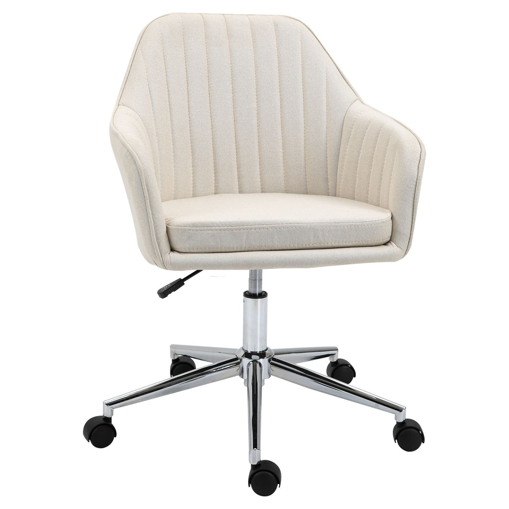 Velvet Swivel Office Chair, Scallop Shape, Linen Fabric, Wheels, Home Study Bedroom, Beige