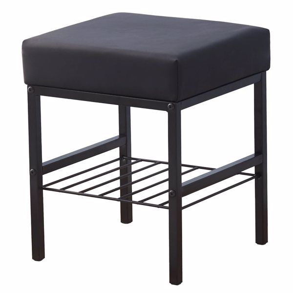 Velvet Vanity Footstool Ottoman – 13" x 13" x 16", Soft Padded Seat with Furry Velvet Cover, Modern Metal Legs with Anti-Slip Feet, Multifunctional Makeup Stool Black