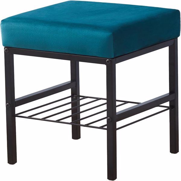Velvet Vanity Footstool Ottoman – 13" x 13" x 16", Soft Padded Seat with Furry Velvet Cover, Modern Metal Legs with Anti-Slip Feet, Multifunctional Makeup Stool Teal