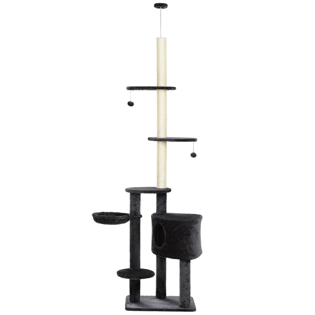 Vertical Cat Tree Adjustable Height Floor-To-Ceiling with Carpet Platforms Condo & Rope Scratching Areas Grey