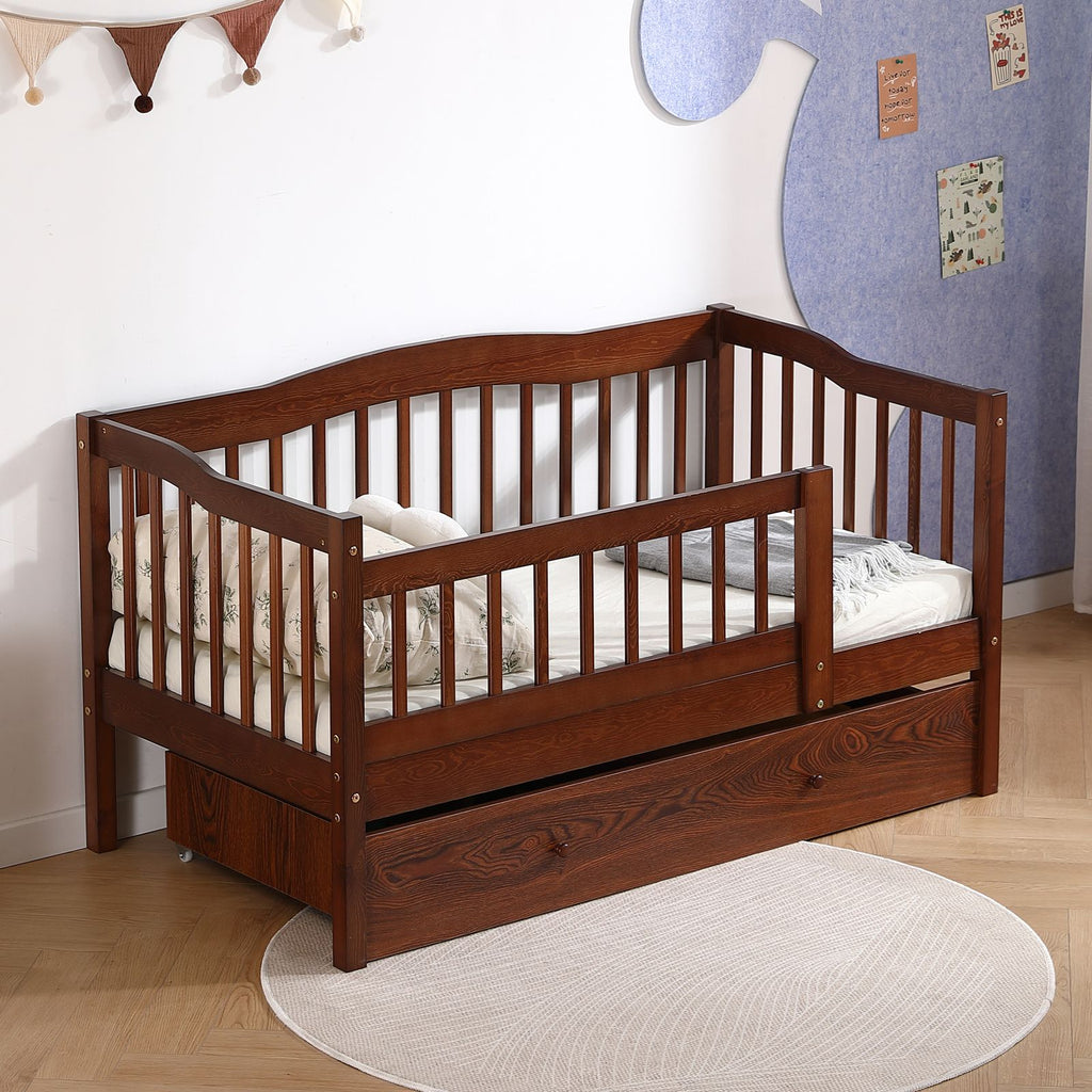 Vertical Fence Brown Painted Pine Toddler Bed with Bottom Drawer and Side Car Bed