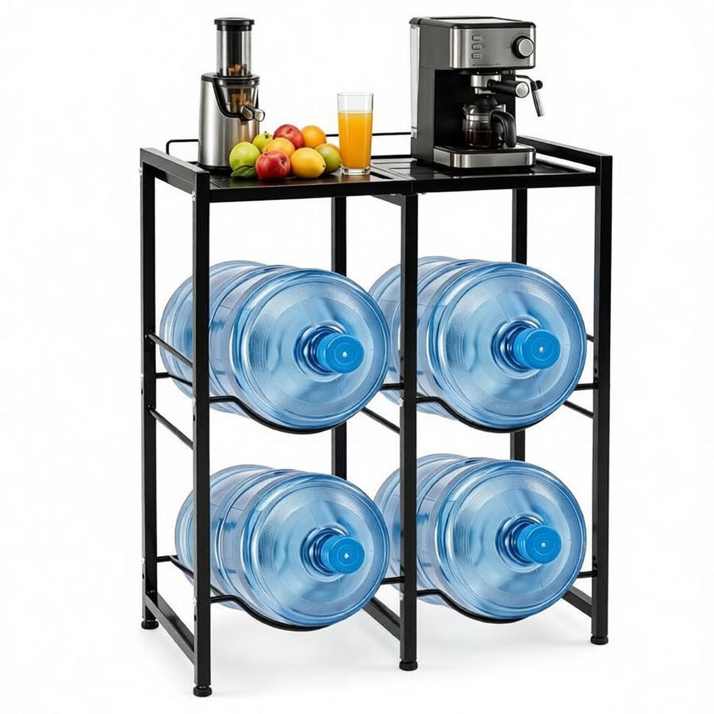Vertical Stackable Water Jug Stand Holds Four 18.9L 5 Gallon Bottles, Multi-Functional Metal Water Bottle Organizer with Anti-Fall Top Shelf for Coffee Maker Kettle Storage
