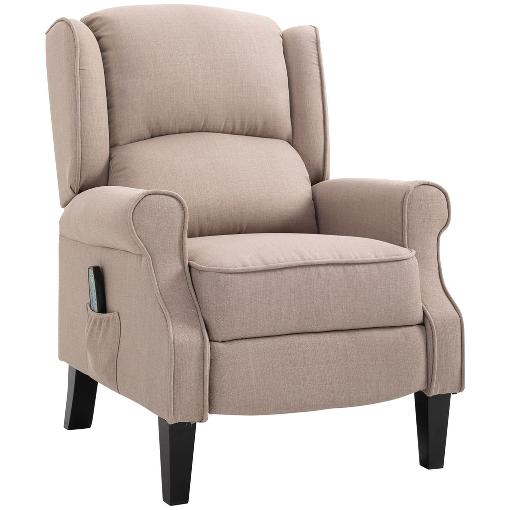 Vibration Massage Recliner Chair for Living Room with Heat, Wingback Single Sofa, Modern Linen Fabric Push Back Reclining Chair with Footrest, Side Pocket, Dark Beige