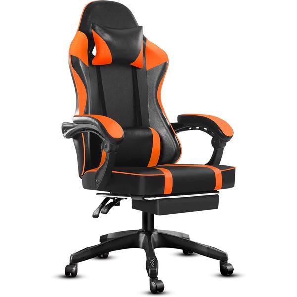 Video Game Chairs for Adults, PU Leather Gaming Chair with Footrest, 360°Swivel Adjustable Lumbar Pillow Gamer Chair, Comfortable Computer Chair for Heavy People, Orange