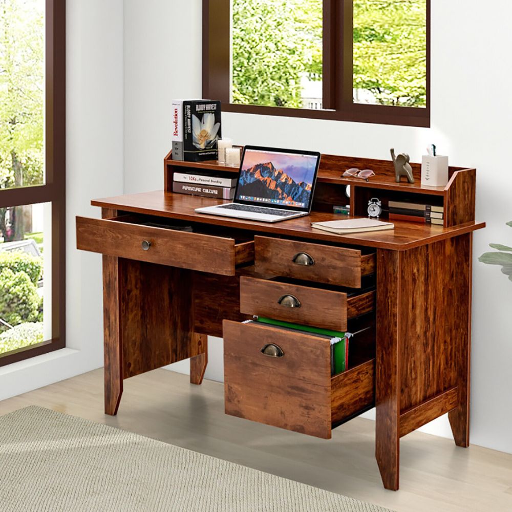 Vintage Computer Desk with Storage Shelves and 4 Drawers