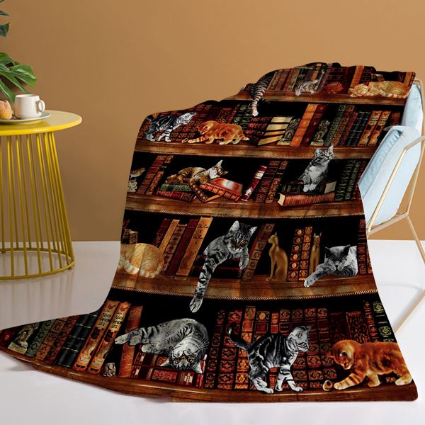 Vintage Kitten Flannel Blanket Cat in The Bookshelf Throw Blanket Librarian Book Lover Gifts Fleece Blankets for Bed Couch Sofa 50"x60"