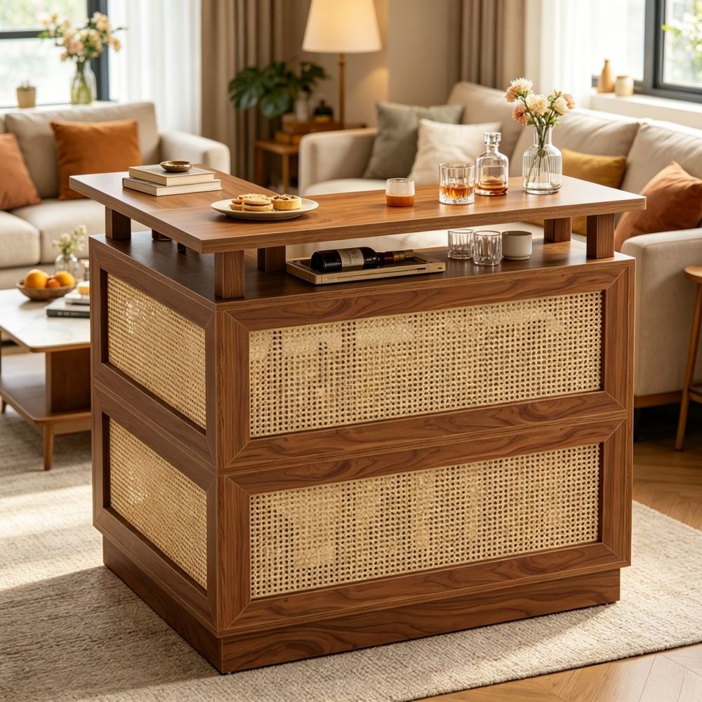 Vintage Rattan Bar Table with Adjustable Feet