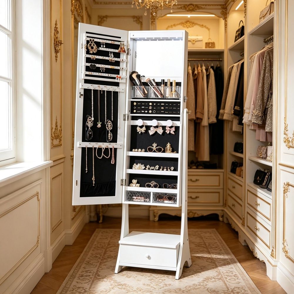 Vintage Style Jewelry Cabinet with 3 Shelves and Foldable Storage