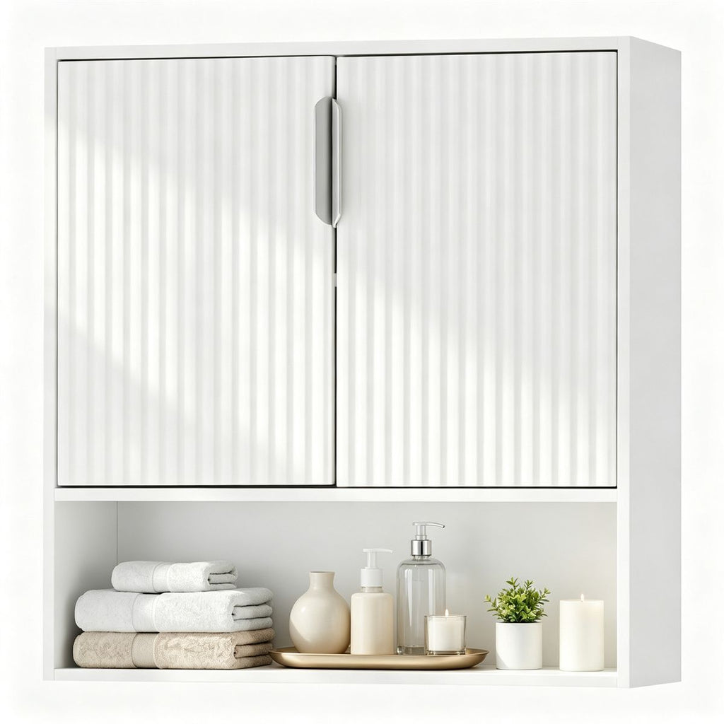 Wall Mounted Bathroom Cabinet, Modern Fluted Panel Storage Cabinet with Adjustable Shelf, 2-Door MDF Medicine Cabinet for Bathroom Kitchen Laundry Room Organization
