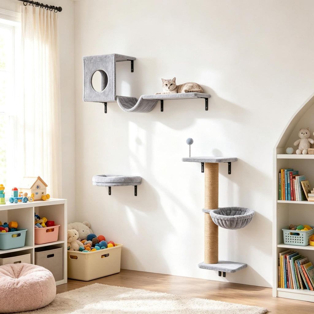 Wall Mounted Cat Tree 3-In-1 Cat Wall Shelves with Condo Bed Hammock Scratching Post Spring Ball Gray