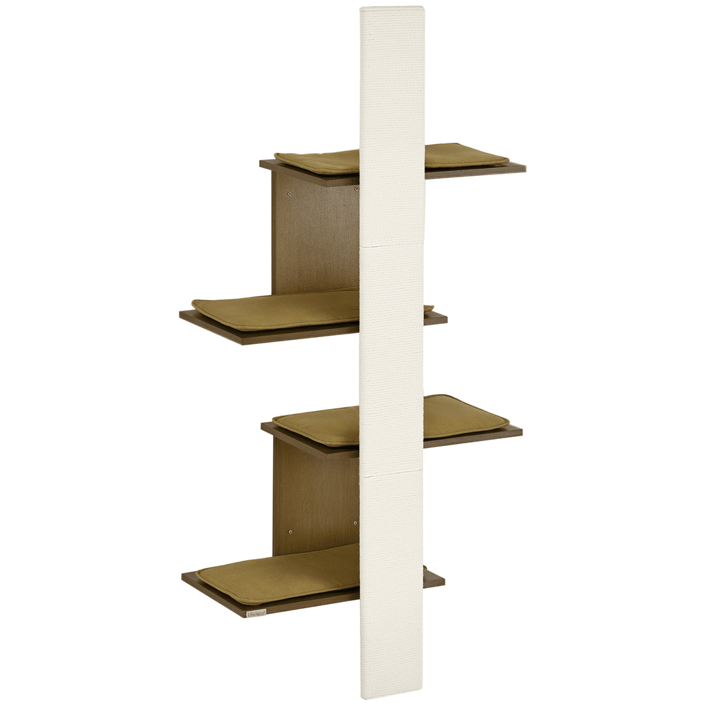 Wall-Mounted Cat Tree, 4-Layer Cat Wall Shelves Furniture with Scratching Board, Kitten Activity Center with Cushions, Natural