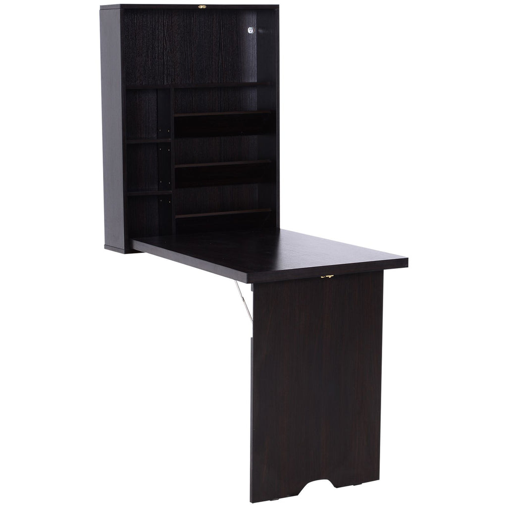 Wall Mounted Convertible Desk Multi-Function with Storage Shelf Espresso Brown for Home Office
