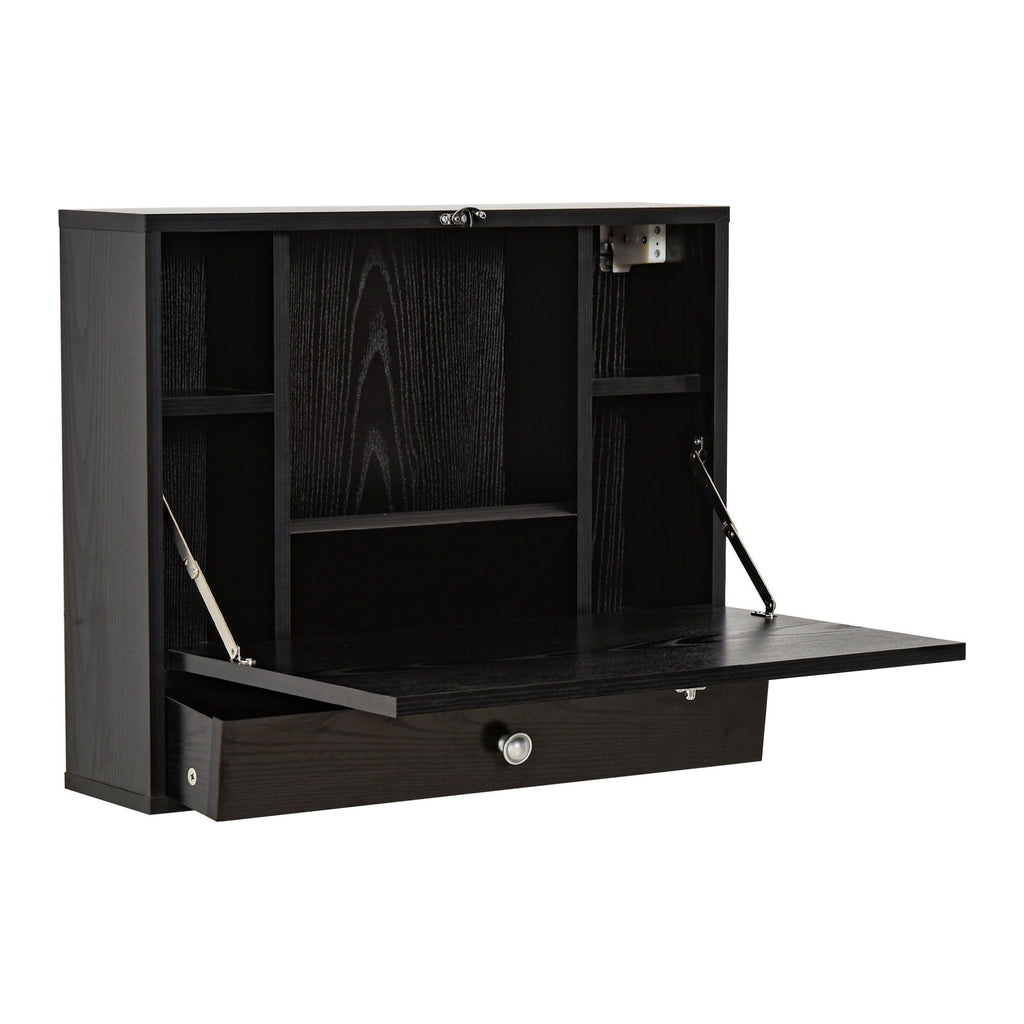 Wall Mounted Desk Black Floating with Storage Shelves Foldable Tabletop Space Saving Design