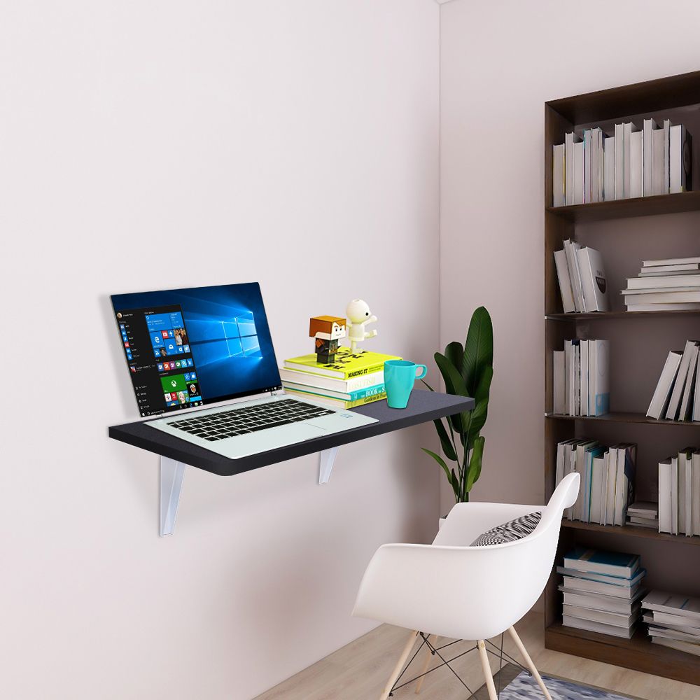 Wall Mounted Floating Folding Desk Wooden PC Dining Drop Leaf Table for Study Black RT
