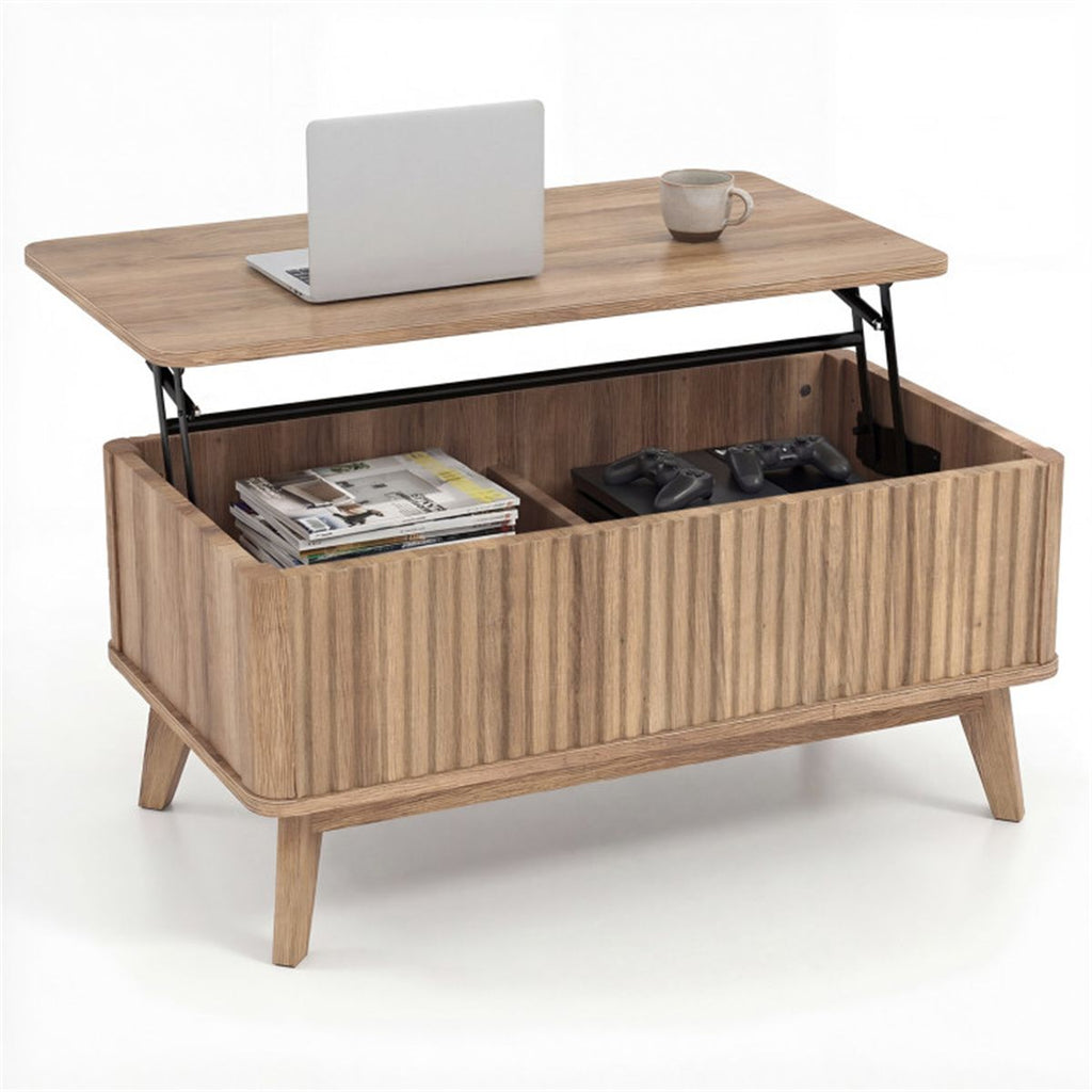 Walnut Lift Top Coffee Table with Fluted Design, 90.17×50.80×41.91cm Rubber Wood Legs Table with 2 Hidden Storage, 220LBS Capacity