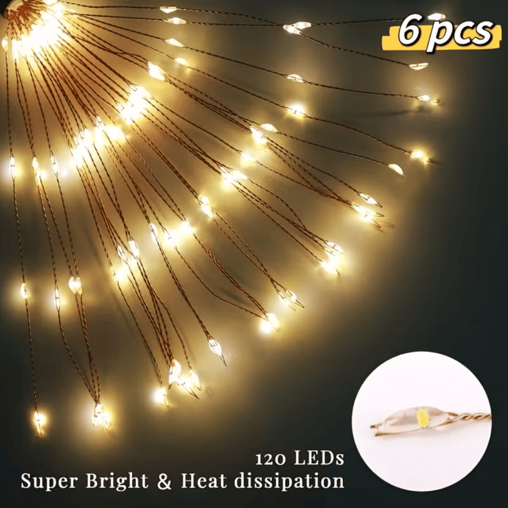 Warm white 6-pack 120 LED 8-mode solar fireworks light, outdoor garden waterproof fireworks light, used for sidewalk, backyard lawn landscape, vibrant tree decoration stick string lights