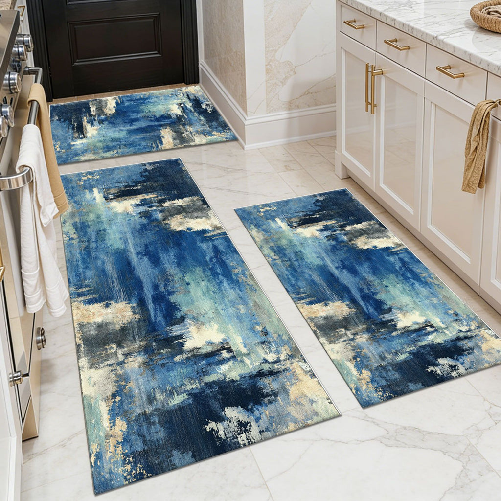 Washable kitchen floor mat set (3 pieces), non-slip long strip floor mat set, bohemian style kitchen long strip floor mat, hallway/laundry room decorative carpet.