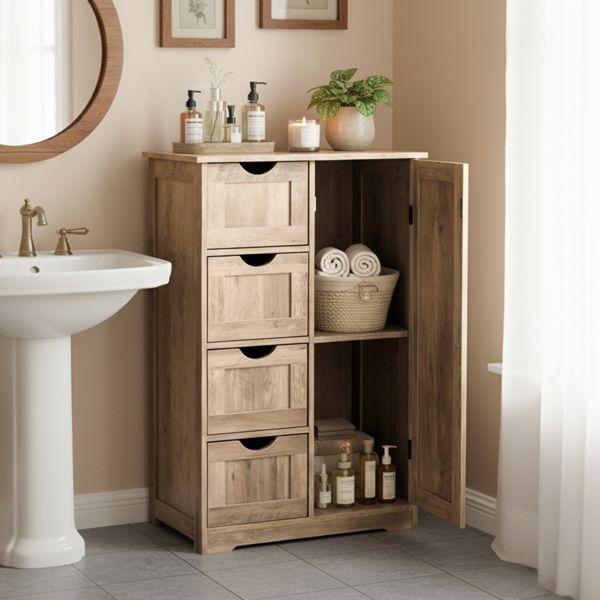 Washed gray MDF with melamine veneer, 56*30*80cm, 4 drawers, 1 door, bathroom vanity