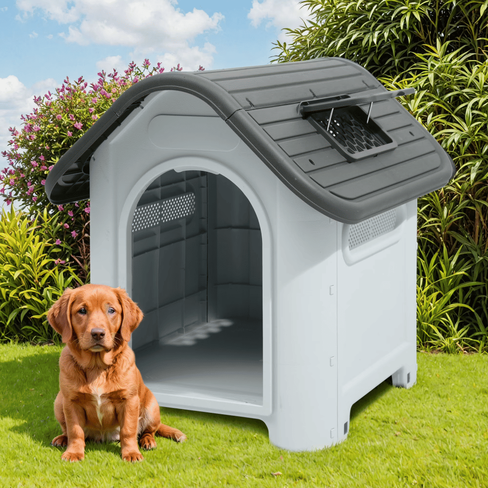 Waterproof Plastic Dog House with Adjustable Skylight and Elevated Floor, Outdoor Indoor Doghouse Puppy Shelter,Gray,30''Lx 23.3''Wx 26"H (Shipment from Walmart)