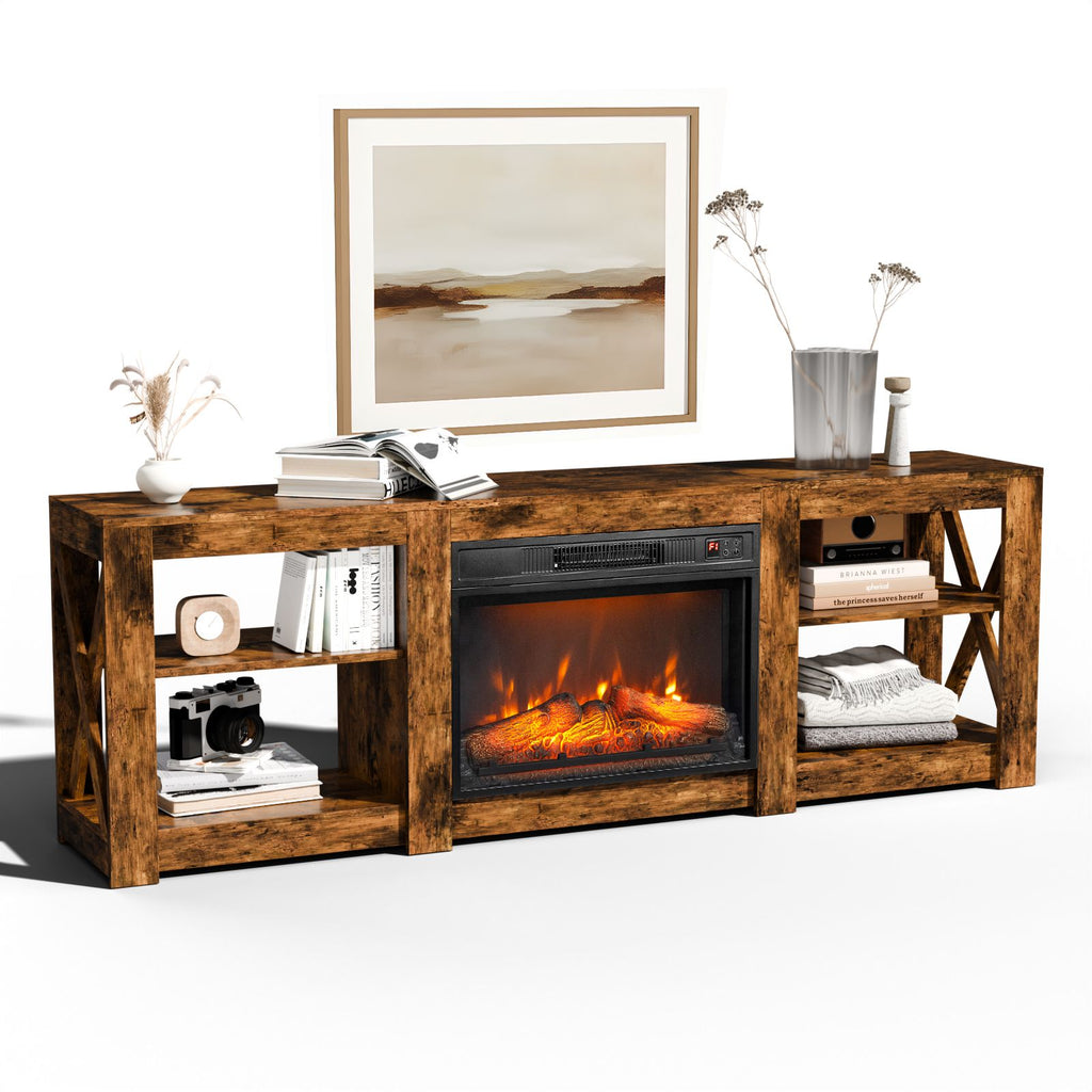 Weathered Wood Fireplace TV Stand with 23 Inch Insert & Dual-Sided Crossover Design, Embossed Particle Board Media Console 70 x 13.6 x 23.6 Inch