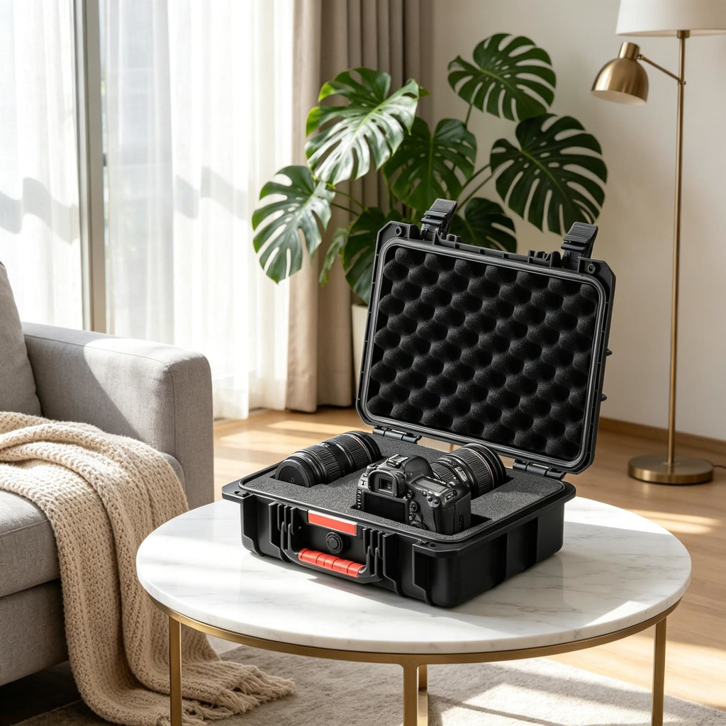 Weatherproof Hard Case with Pre-cut Foam, Heavy Duty Protective Dry Box with Retractable Pull Handles, IP67 Waterproof Case for Cameras, 40 x 32 x 16.6 Inch Not including camera)
