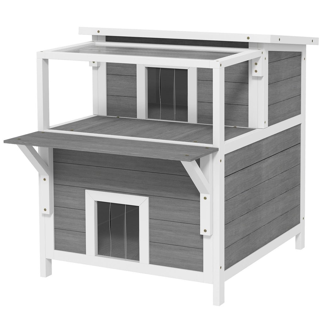 Weatherproof Outdoor Cat Shelter, Two Story Cat House with Balcony, Openable Top, Escape Door, Removable Panel & Floor