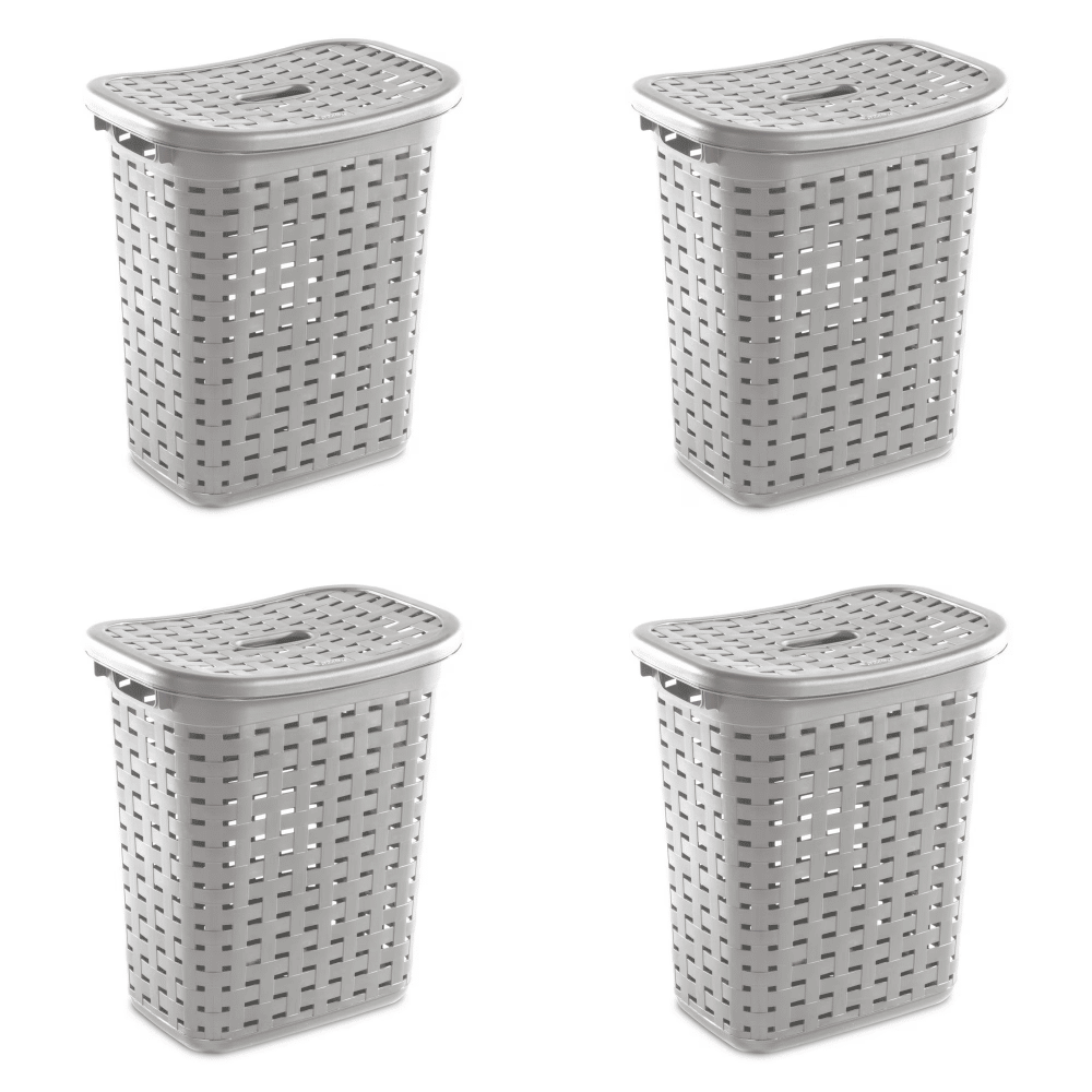 Weave Laundry Hamper with Lid, Plastic Dcor Pattern and 2 Carry Handles, Gray, 4 Count