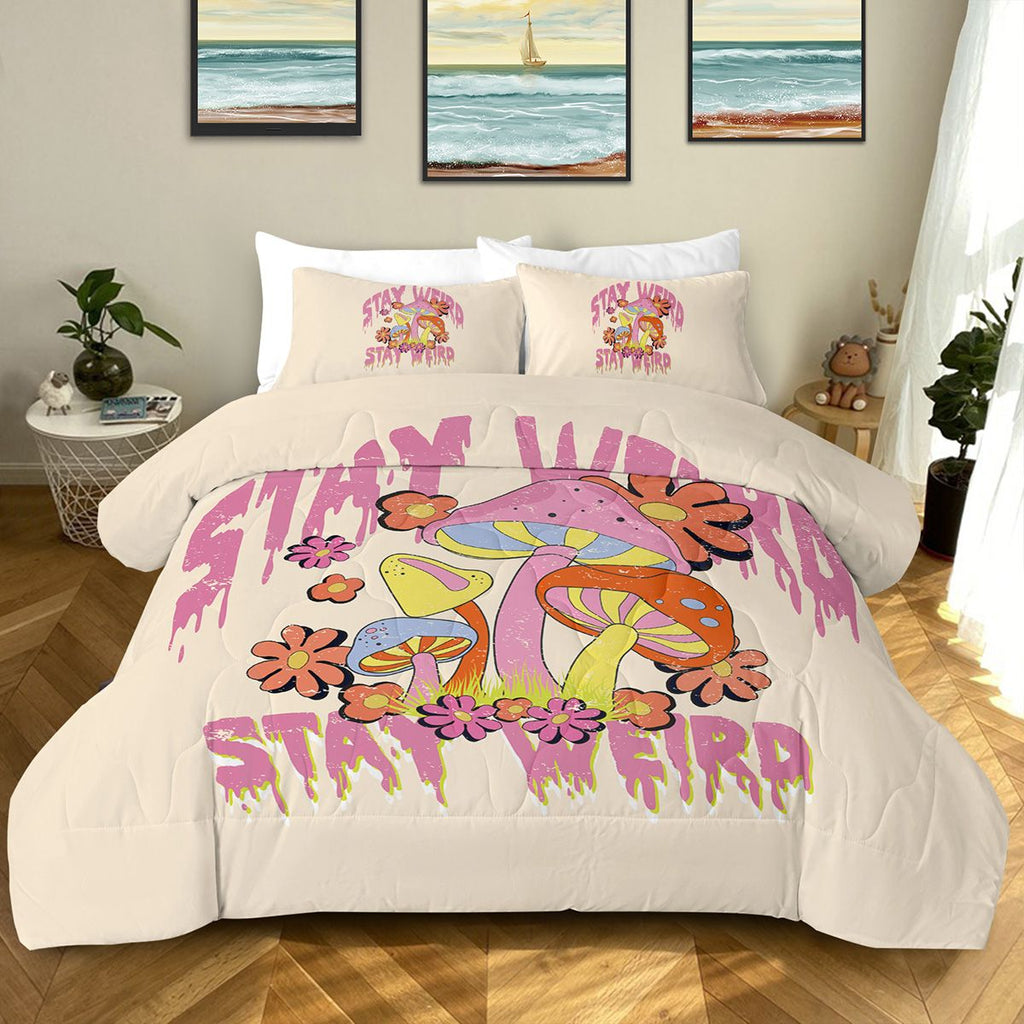 Weird Mushroom Comforter Set Twin - Soft Pink and Red Mushroom Bedding Set with Flower 3 Piece Aesthetic Mushroom Bed Set for Kids Boys Girls (Twin, Yellow)
