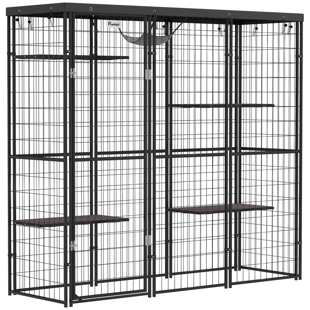 Weld Wire Catio Outdoor Indoor with Waterproof Cover, 4 Jumping Platforms, Hammock, for 1-3 Kittens, 69" x 22" x 62"