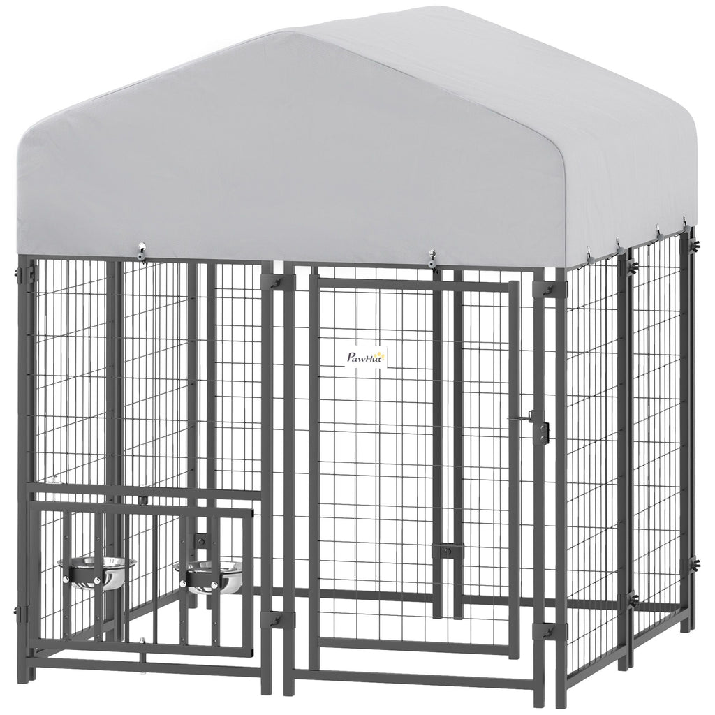 Welded Wire Outdoor Dog Kennel with 360° Rotating & 4 Levels Adjustable Bowls, Waterproof Cover, 3.9' x 3.9' x 4