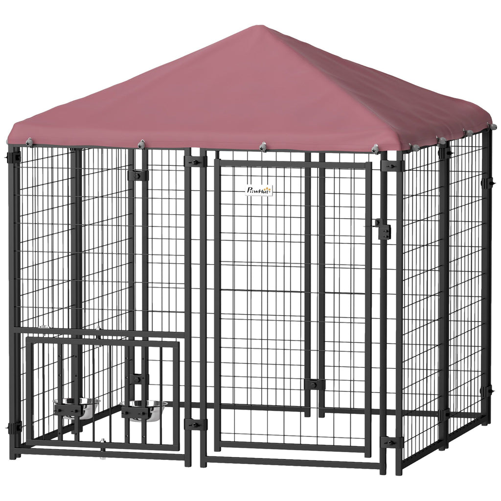 Welded Wire Outdoor Dog Kennel with 360° Rotating & 4 Levels Adjustable Bowls, Waterproof Cover, 4.6' x 4.6' x 5'