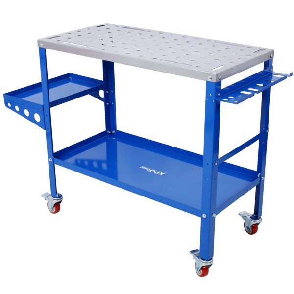 Welding Table 36"x18", 1200lbs Load Capacity Steel Welding Workbench Table on Wheels, Portable Work Bench with Braking Lockable Casters, Tool Slots, 5/8-inch Fixture Holes, Tool Tray