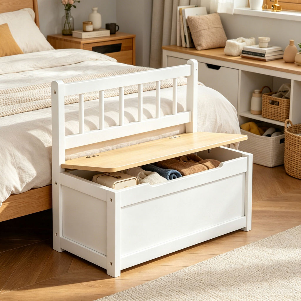 White 2-in-1 Wooden Toy Organizer Chest Storage Box with Seat Bench Safety Pneumatic Rod Chunk Cube Cabinet
