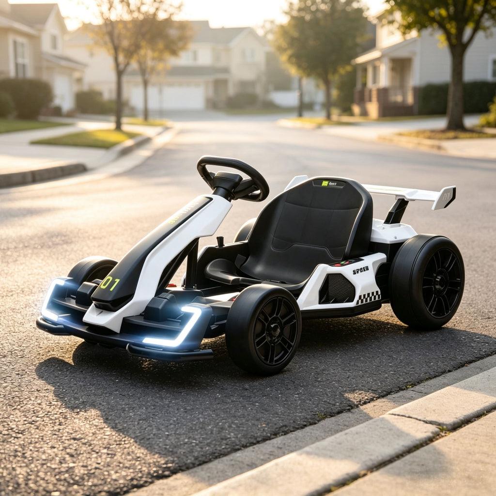 White 24V Electric Drift Go Kart, 7.5 MPH Max Speed, Adjustable Seat for Growing Kids, Slow Start for Smooth & Safe Rides