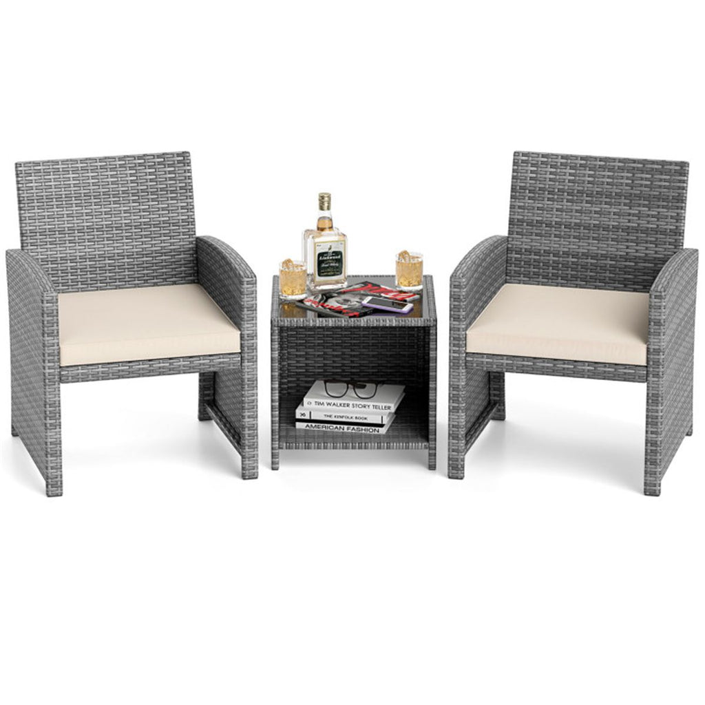 White 3 Pieces Patio Furniture Set with Tempered Glass Coffee