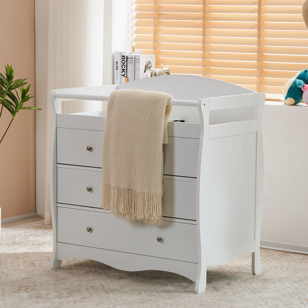 White 3-Tier Drawer Baby Cot with Safety Guard – 90.5x58x92cm | Wooden Baby Bed & Storage Combo