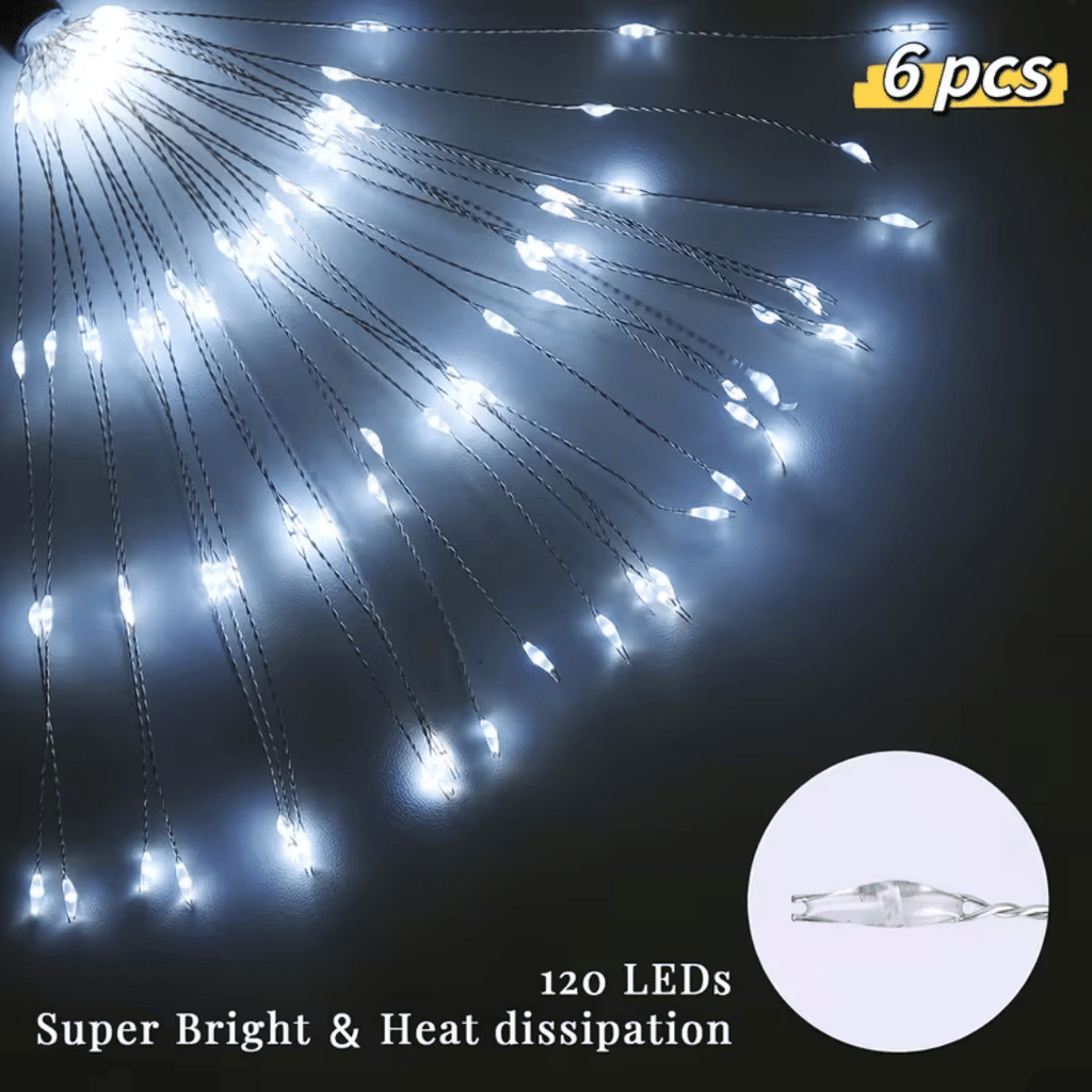 White 6-pack 120 LED 8-Mode Solar Fireworks Light, Outdoor Garden Waterproof Fireworks Light, Used for Pedestrian Walkway Backyard Lawn Landscape, Vibrant Tree Decorative Stick String Lights