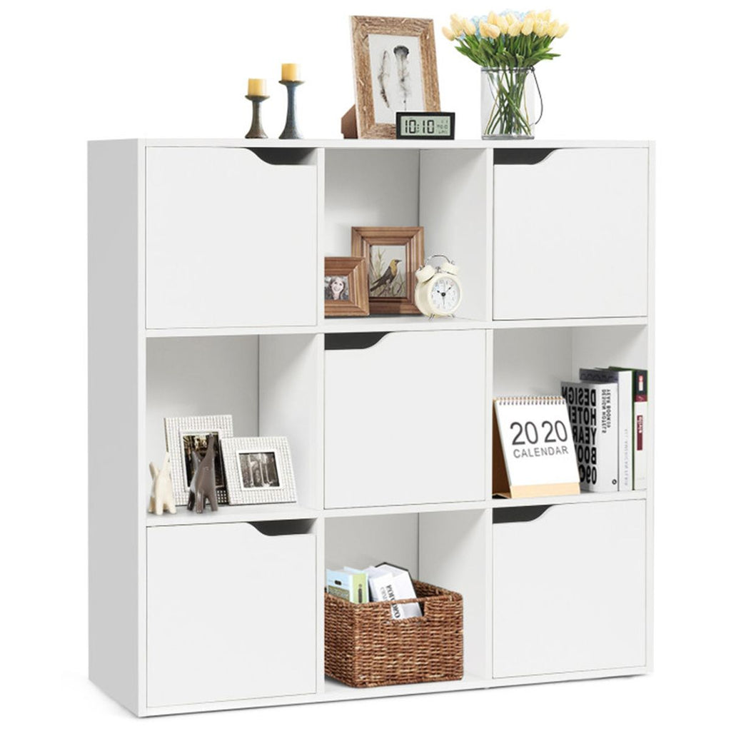White 9-Cube Organizer Bookcase, Enclosed Cabinets & Open Cubbies, 3-Tier Storage Design