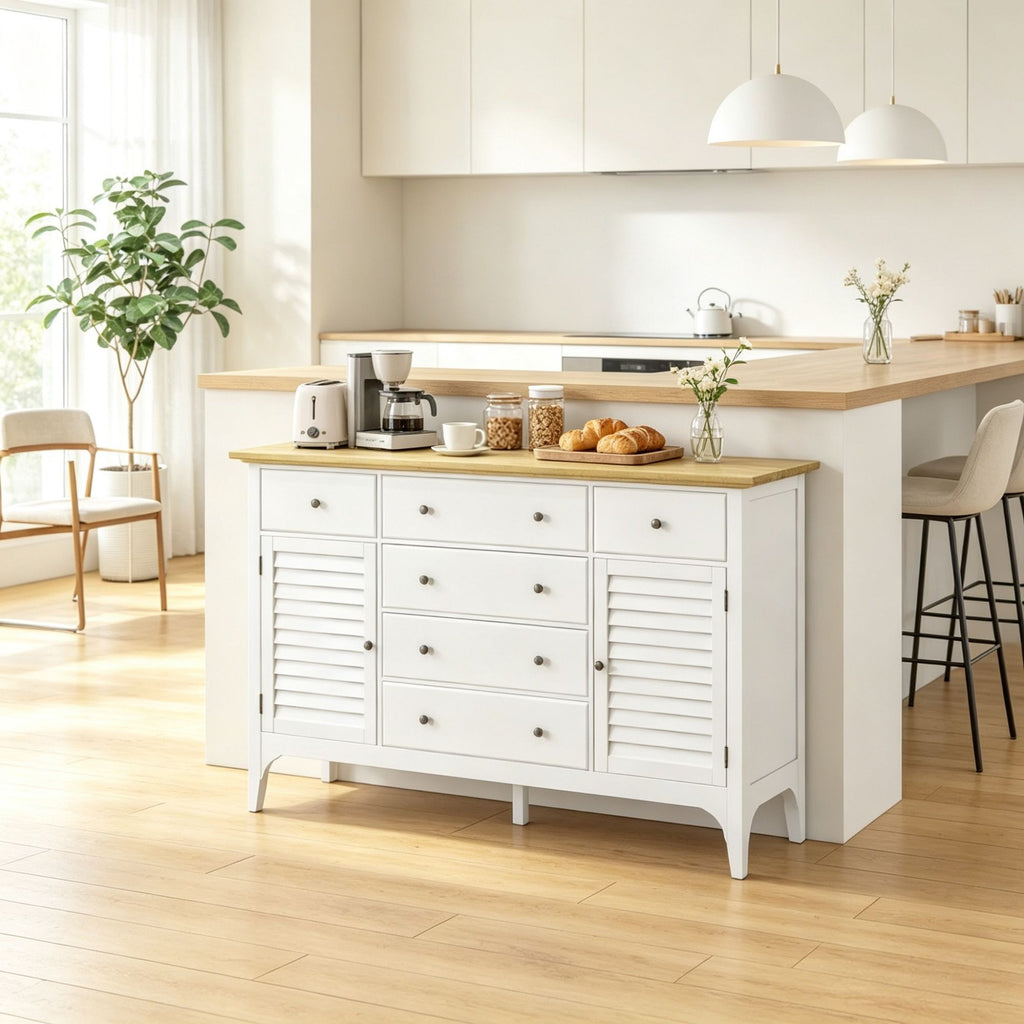 White Adjustable Shelves Sideboard Buffet Cabinet with Storage Drawers, Rubber Wood Top Coffee Bar
