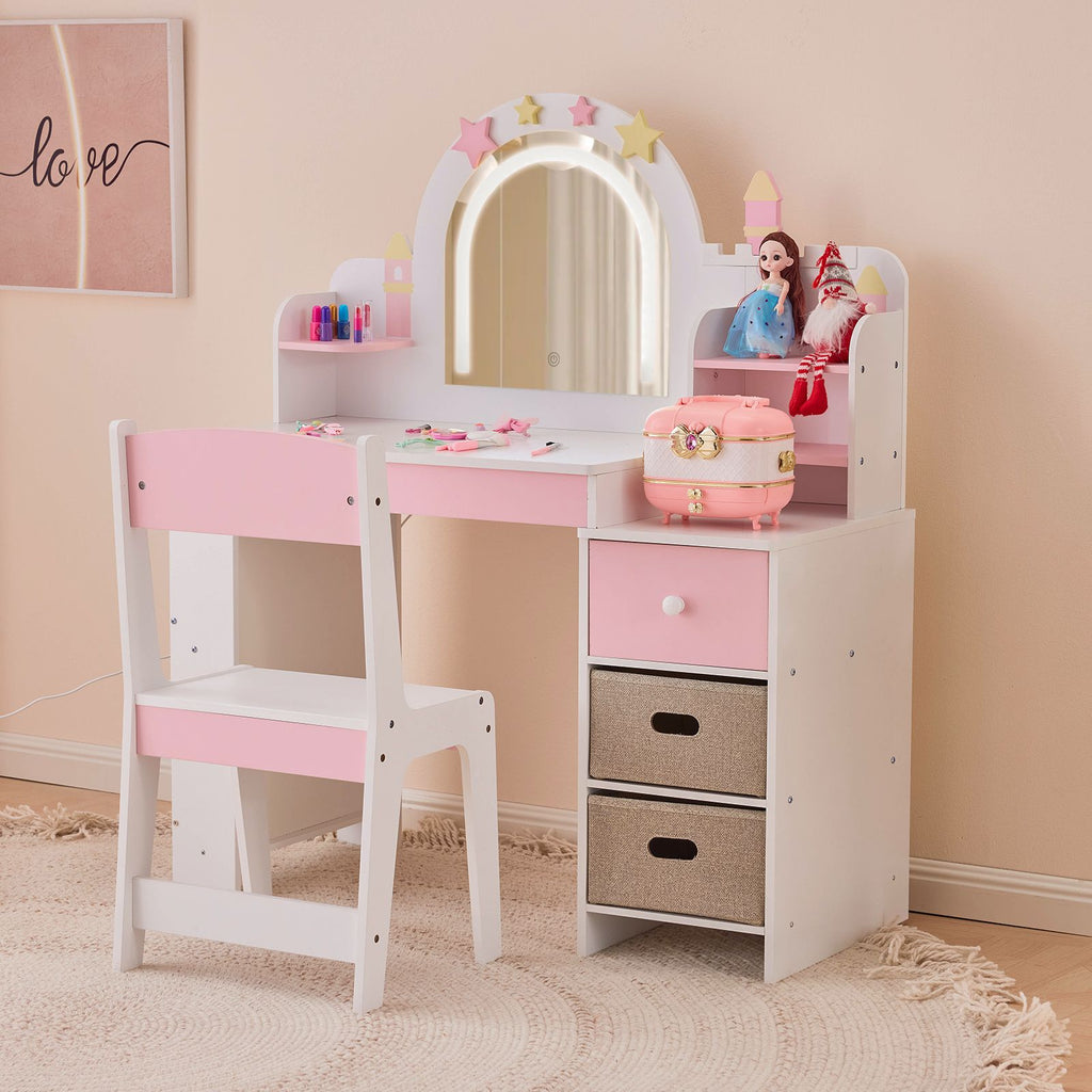 White and pink star and castle elements; MDF and particleboard; spray paint, silkscreen printing, and melamine veneer; 1 drawer, 2 fabric drawers, 2-tier shelf; children's dressing table set