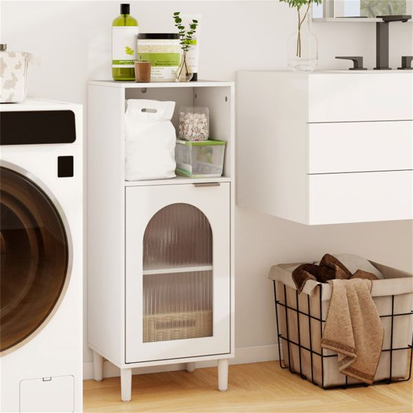 White Bathroom Floor Cabinet Wood Side Storage Organizer with Adjustable Shelf Bathroom Storage, Tempered Glass Wavy Door + Metal Handle